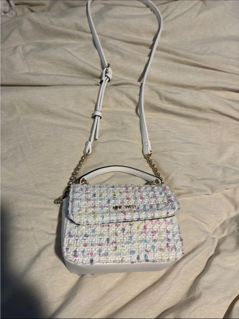 Nine West White Tweed Mini Crossbody with Multicolor Pastel Threads